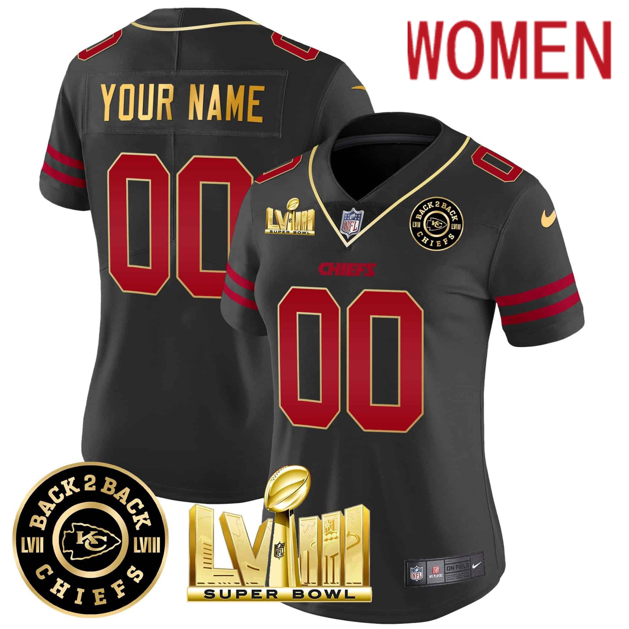 Women Kansas City Chiefs Black 2024 Nike Super Bowl LVIII & Back 2 Back Patch Vapor Custom NFL Jersey style 1